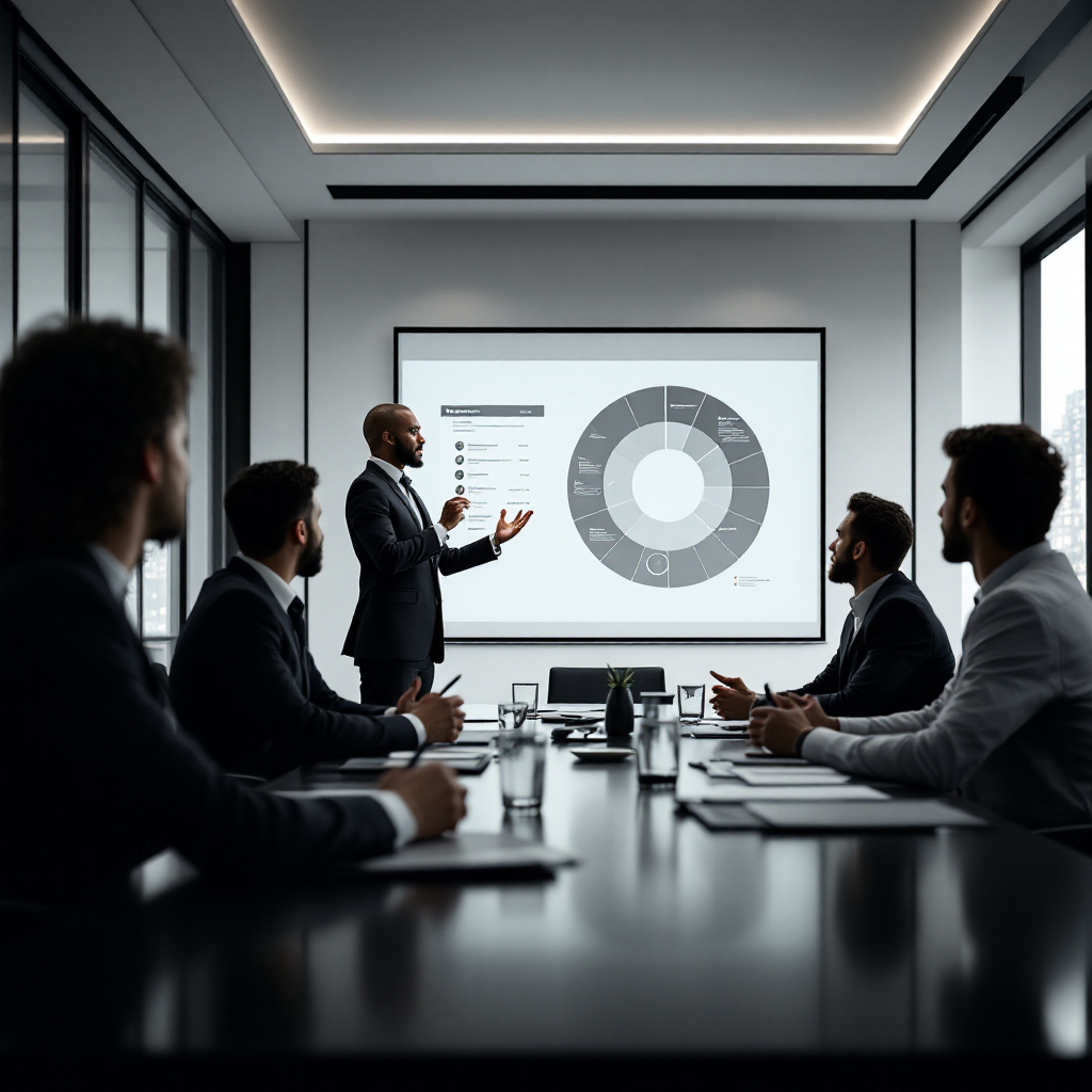 Diverse team engaged in a business meeting with laptops in a modern office setting.