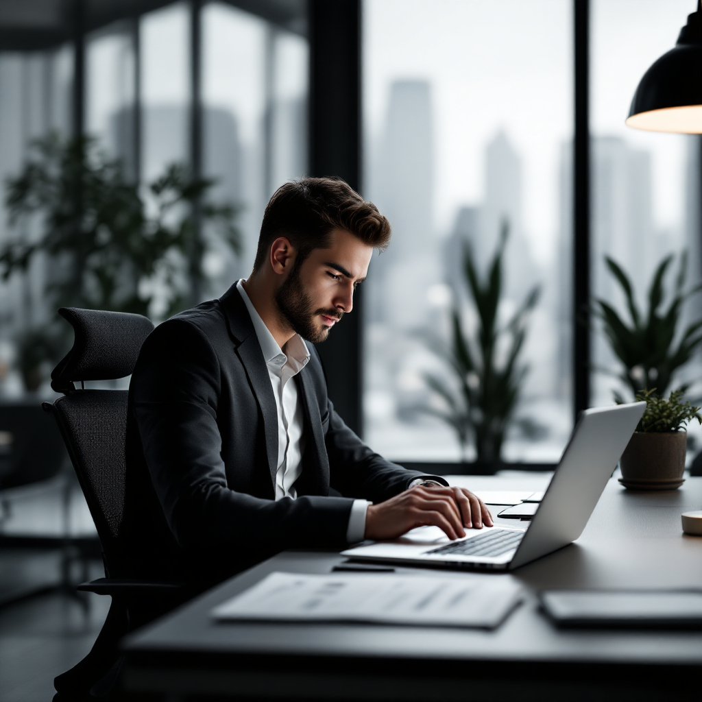 Two business professionals discussing financial documents and strategies at an office desk.
