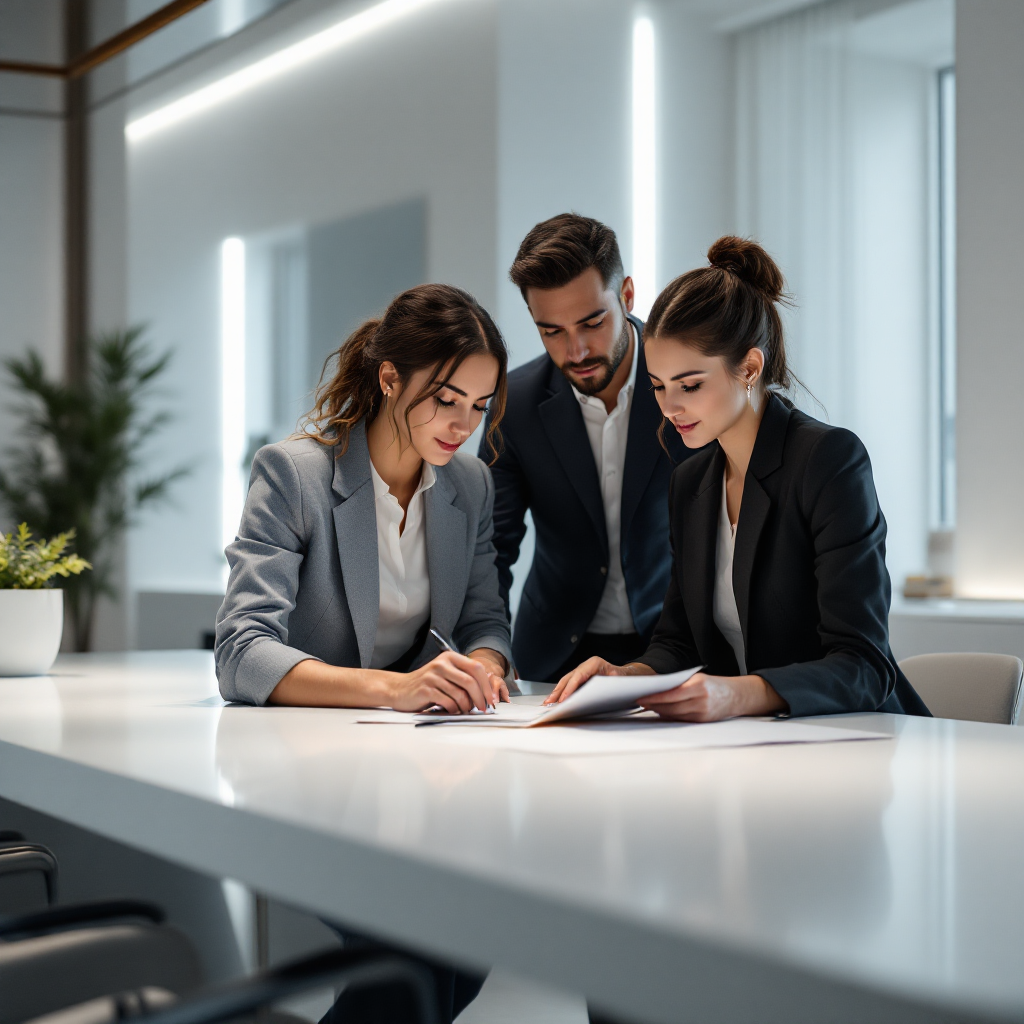 Two business professionals discussing financial documents and strategies at an office desk.
